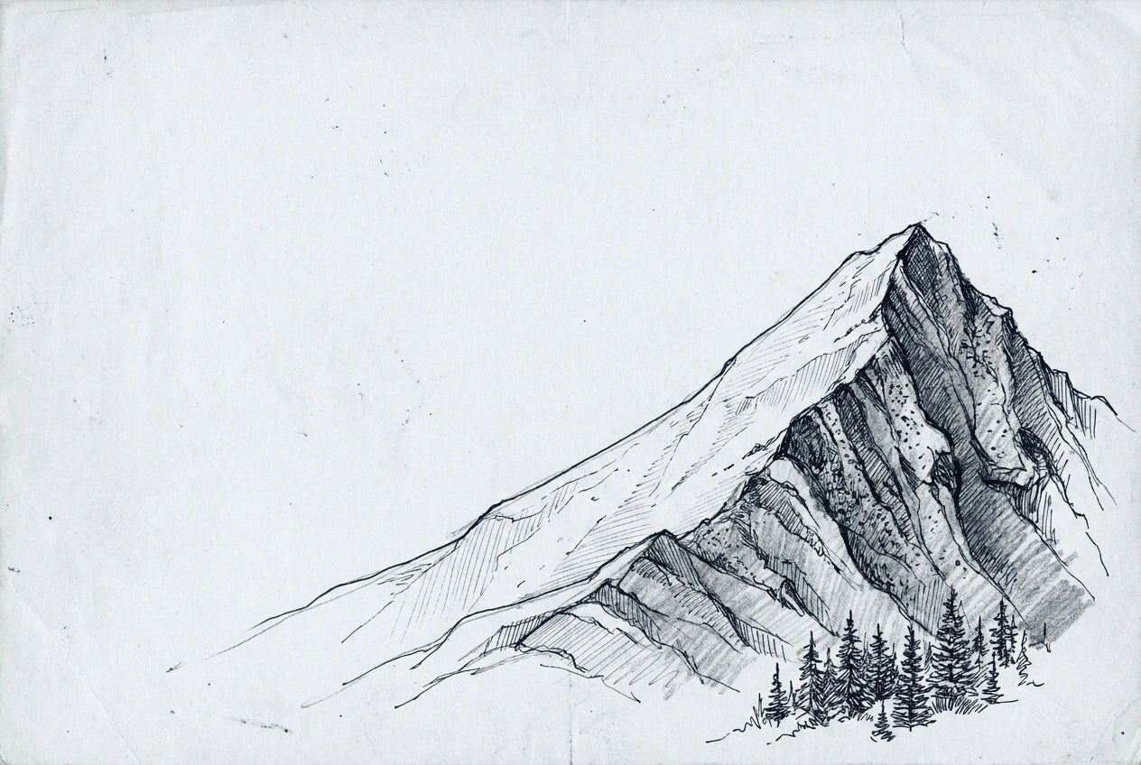Hand-drawn pen-and-ink mountain